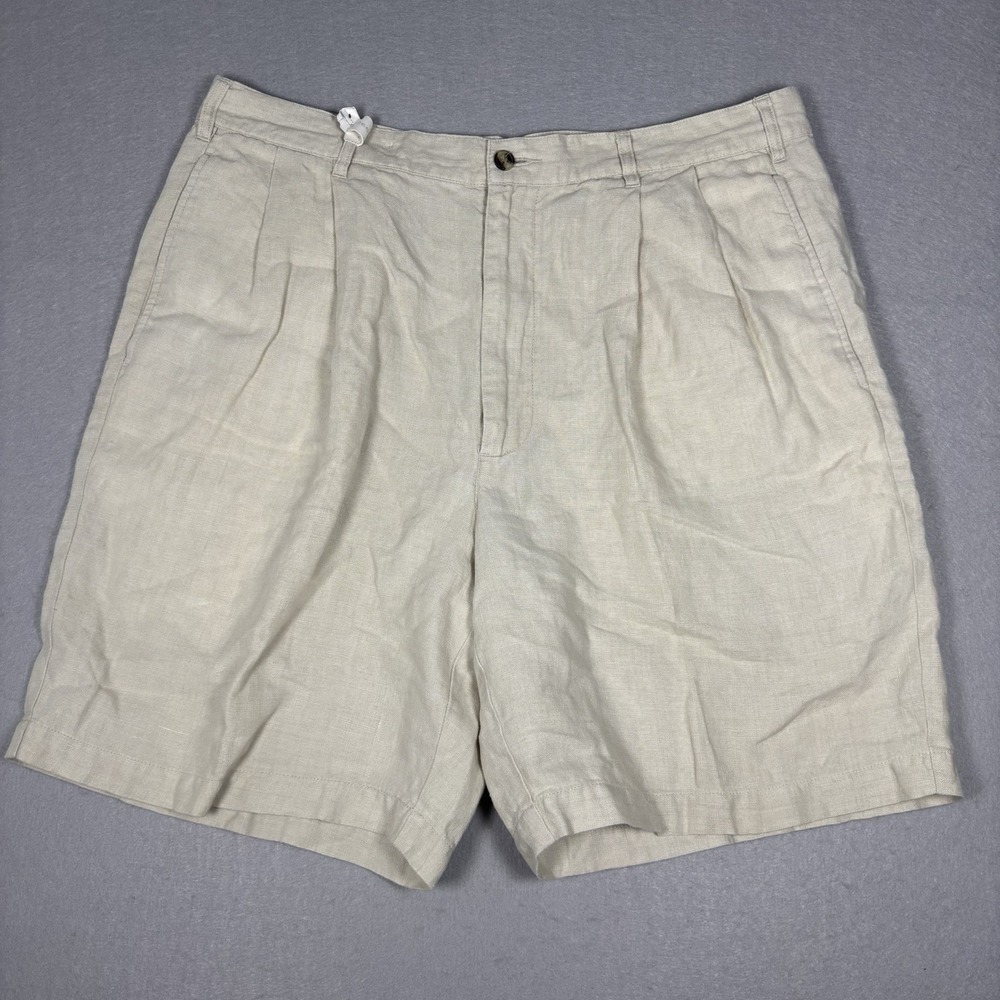 Jos A Bank Shorts Mens 36 Beige Linen 8" Pleated Front Beach Golf Preppy Khaki